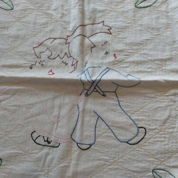 Vintage Handmade Quilt 64" by 42 1/4" Country Children Dancing Birds Embroidered - Picture 2 of 14